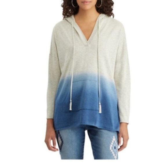 Chaps Womens Blue Ombre Tie Dyed Long Sleeve Pull Over Kangaroo Hoodie Sz S New - Picture 1 of 9
